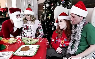 step Mom Engulfing Stepson's Cock and step Daughter Engulfing step Daddy's Cock on Christmas Band