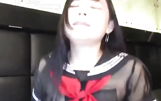 Uncensored, 18-year-old Japanese black-haired beauty, shaved pussy creampie sex fro uniform cosplay